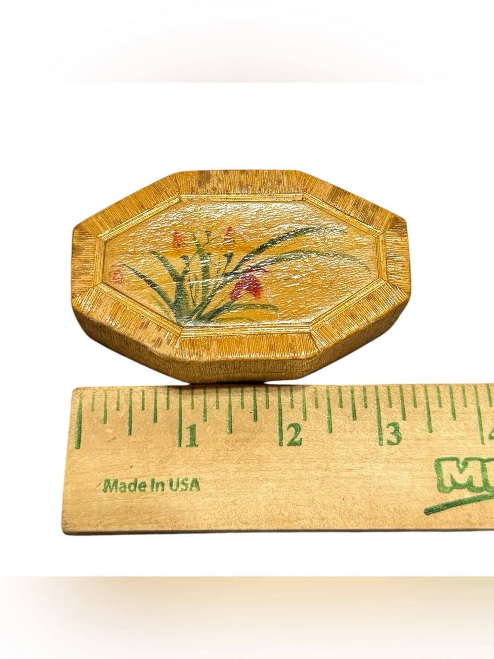 Vintage Bamboo Wood Trinket Box Octagon Floral Silk Lined